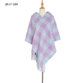 Purple and blue checkered knit poncho shawl with fringe hem and bouclé yarn texture - Light Purple Checkered (QPJ7-08)