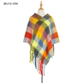 Thick colorful plaid poncho cape with knit twisted fringe in red yellow and blue - Yellow Plaid (QPJ10-09)