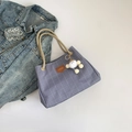 Purple lavender tote bag with white checkered pattern and braided rope handles - With Pendant / Blue