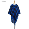 Blue and black plaid checkered poncho cape with tassel fringe for women winter - Royal Blue Checkered (QPJ7-09)