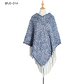 Blue and white knit tassel poncho cape with chunky textured weave and button closure - Navy Mixed Colors