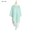 Thick mint green knit poncho for women featuring a long white tassel fringe hem - Blue