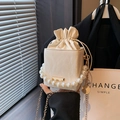 Elegant white cube mini box bag featuring large pearl handle and gold chain strap - White