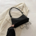 Fashionable black rhinestone underarm bag with metal chain strap on beige blazer - Black