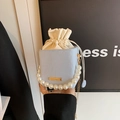 Elegant light blue mini bucket bag with pearl handle and gold chain strap for women - Blue