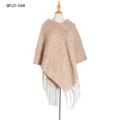 Oatmeal boucle knit shawl cape for women with thick fringes and soft mohair texture - Khaki