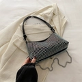 Fashionable black rhinestone underarm bag with knotted leather handle and chain strap - Colorful