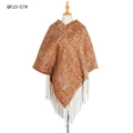 Thick caramel knitted poncho with white fringe details and warm V-neck design - Caramel color