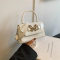 Chic cream white small square handbag with butterfly metal buckle and top handle design - White