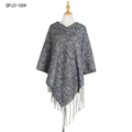 Thick grey and white knit poncho with fringed edges and textured bouclé yarn - Black