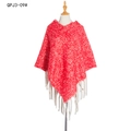 Thick red and white knit poncho with long tassels and chunky textured weave pattern - Mixed Red