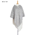 Knit shawl poncho in grey-white melange with thick cable knit and fringe tassels - Gray