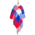 Women's plaid poncho sweater with red, white and blue patterns and long tassels - Royal Blue & Red Plaid (QPJ2-01)