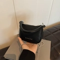 Mini black lychee leather crossbody bag with silver stars and bead chain strap - Black