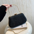 Elegant black sequin evening handbag with golden circular metal handle and chain strap - Black