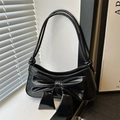Borsa a spalla chic in vernice nera con grande fiocco e dettagli dorati - Nero