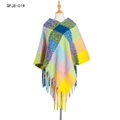 Colorful plaid poncho featuring yellow and green checkers with long fringe tassels - Yellow Plaid (QPJ8-01#)