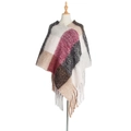 Plaid knitted poncho for women featuring thick yarn fringes in burgundy and grey - Cream & Wine Red (QPJ2-14)