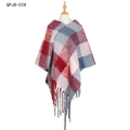 Thick plaid poncho in red and pink patterns with long tassel trim on a mannequin - Wine Red Grey Plaid (QPJ8-02#)