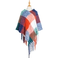 Women's plaid poncho sweater with chunky knit tassel fringe in vibrant multi-color patterns - Green & White Plaid (QPJ2-12)