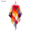 Thick knit plaid poncho cape with fringe tassels in red yellow and blue check - Red Plaid (QPJ8-03#)