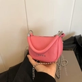 Pink lychee grain leather saddle bag with silver star rivets and ball chain strap - Pink