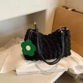 Fashionable black bubble texture handbag with green flower charm and gold hardware - Black