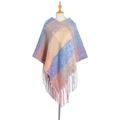 Chunky knit poncho cape with multi-color patchwork design and long fringe tassels - Blue & Yellow Plaid (QPJ2-11)