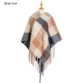Thick earth tone plaid poncho for women with fringe hem in beige camel grey black grid - Khaki Plaid (QPJ8-04#)