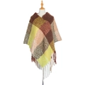Brown and yellow plaid knit poncho sweater with long fringe tassels and high neck - Green & Brown Plaid (QPJ2-03)