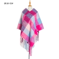 Pink and blue plaid knit poncho with fringe hem on mannequin for women - Rose Red Plaid (QPJ8-05#)
