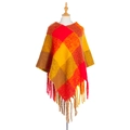 Women's plaid knit poncho in red and orange checks with fringed tassels - Ginger & Red Plaid (QPJ2-04)