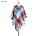 Women's plaid tassel poncho shawl featuring dark red and light blue knitted color blocks - Wine Red Blue Plaid (QPJ8-06#)
