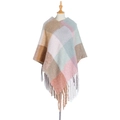 Women's plaid tassel poncho cloak in pastel blue and pink knit with fringe details - Cyan & Pink Plaid (QPJ2-08)