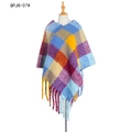 Thick colorful plaid poncho with fringe in blue yellow and purple knit blend - Blue Plaid (QPJ8-07#)