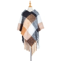 Women's plaid poncho shawl with orange, black and white squares and long fringe trim - Black & White Plaid (QPJ2-02)