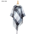 Plaid knitted poncho cape with fringe in black and white checkered pattern for winter - Black White Plaid (QPJ8-08#)