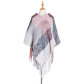 Pink and grey plaid knit poncho cape with tassel fringe detail on white mannequin - Pink & Grey Plaid (QPJ2-07)