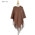 Brown knitted poncho with fringe tassels and V-neck wrap design for autumn winter - Coffee