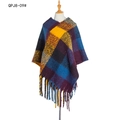 Checkered knit poncho with yellow and teal patterns and long tassels for autumn - Purple Plaid (QPJ8-09#)