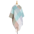 Women's plaid poncho sweater in mint green and grey with decorative tassel fringe - Cyan Plaid (QPJ2-09)