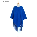 Royal blue knitted chunky wrap shawl with fringe tassels for women in mohair style - Royal Blue