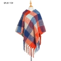 Women's plaid poncho in red and blue color block with long fringe tassels - Orange Plaid (QPJ8-10#)