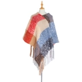 Plaid knitted poncho for women featuring red, blue, and beige block patterns with fringe - Red & Yellow Plaid (QPJ2-10)