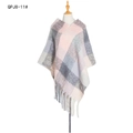 Pink and grey plaid poncho with chunky fringe tassels in soft knitted fabric - Light Pink Plaid (QPJ8-11#)