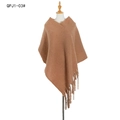 Thick brown knit poncho for women featuring a cozy textured finish and long fringe trim - Ginger Yellow