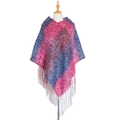 Women's multi-color chunky knit plaid poncho with thick tassel trim and V-neck design - Wine Red Plaid (QPJ2-06)