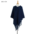 Dark blue knitted pullover shawl with long tassels and thick mohair texture - Navy Blue