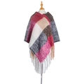 Women's plaid tassel poncho shawl in deep red and pink chunky knit patchwork style - Wine Red & White Plaid (QPJ2-05)