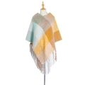 Green and khaki checkered knit poncho shawl with thick fringe and plaid pattern - Cyan & Yellow Plaid (QPJ2-13)